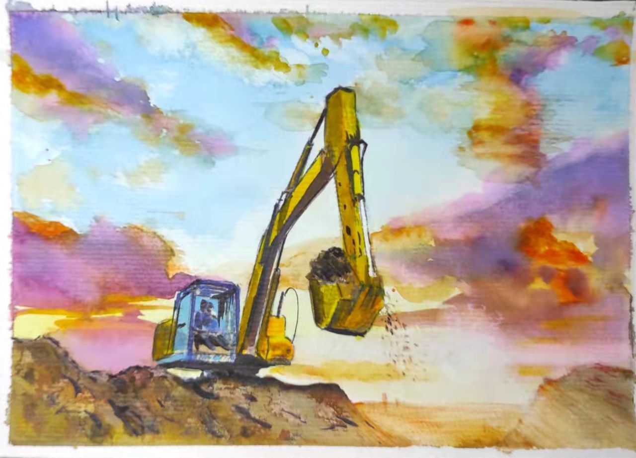 Excavator during sunset in watercolor by Kejia Cao.