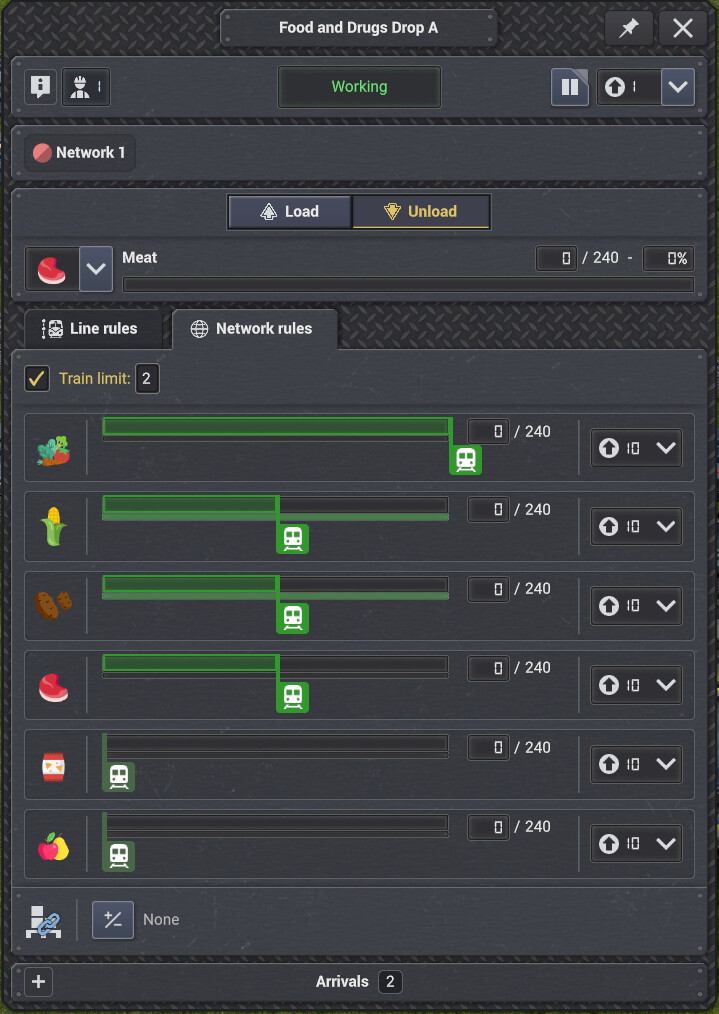 Food unloading station with multiple requested products. Each product has an independent slider for requesting products.