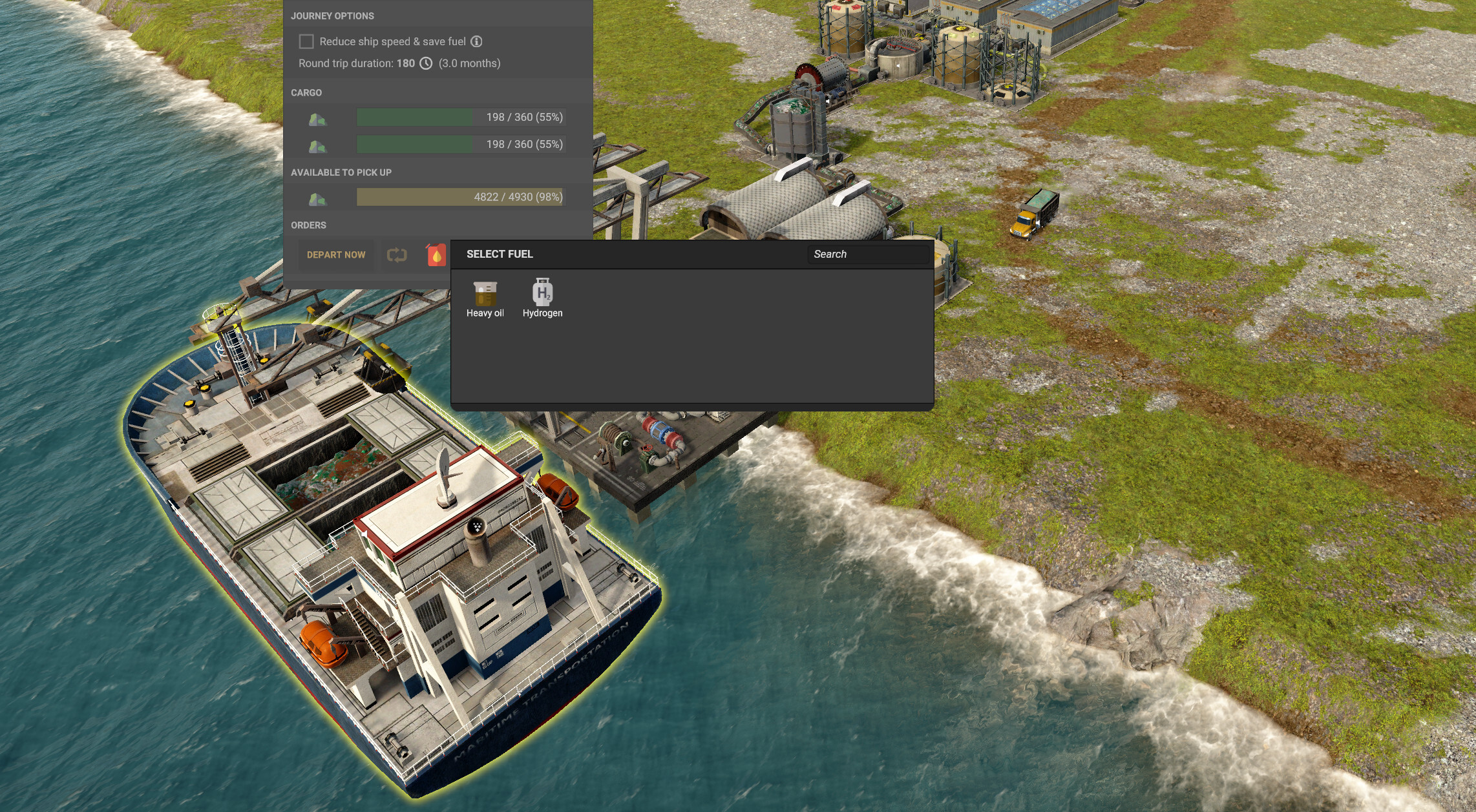 In update 2 you will be able to choose from heavy oil, hydrogen and diesel fuel for your cargo ships.
