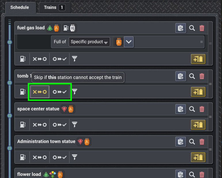 New “skip if” toggles in the train schedule manager.